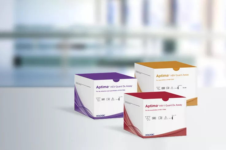 ヒト免疫不全ウイルス 1 (HIV-1)、C 型肝炎ウイルス (HCV) および B 型肝炎ウイルス (HBV) の感染検出用アッセイが入ったホロジックアプティマの箱